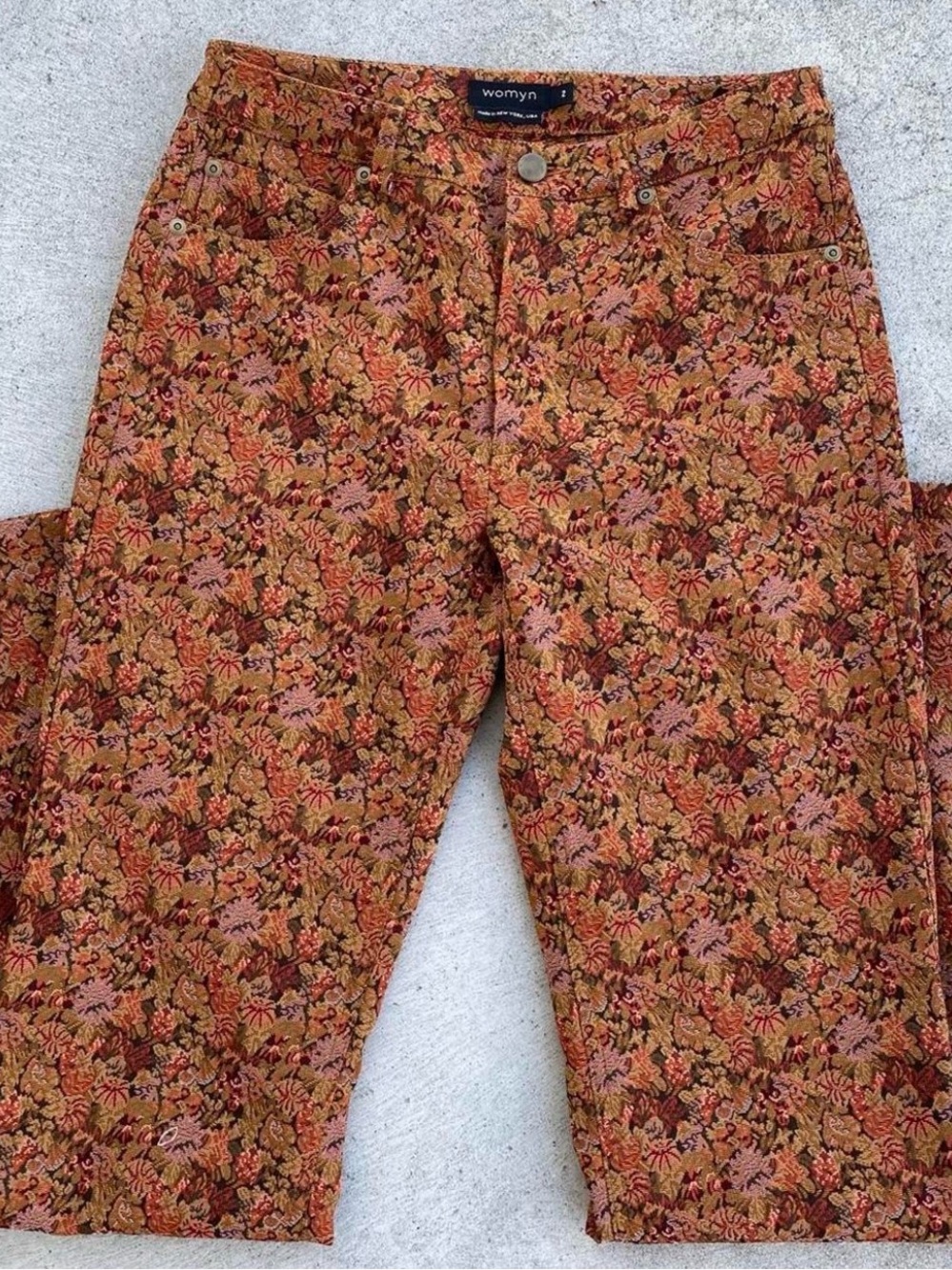 Vintage Floral Tapestry High Rise Flare Pants Size 2 Brown Orange